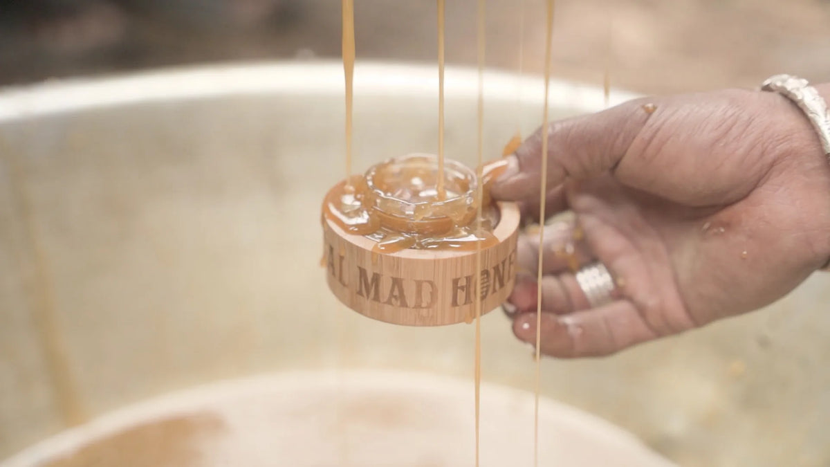 A Real Mad Honey jar being filled by hand from a vat of fresh raw honey