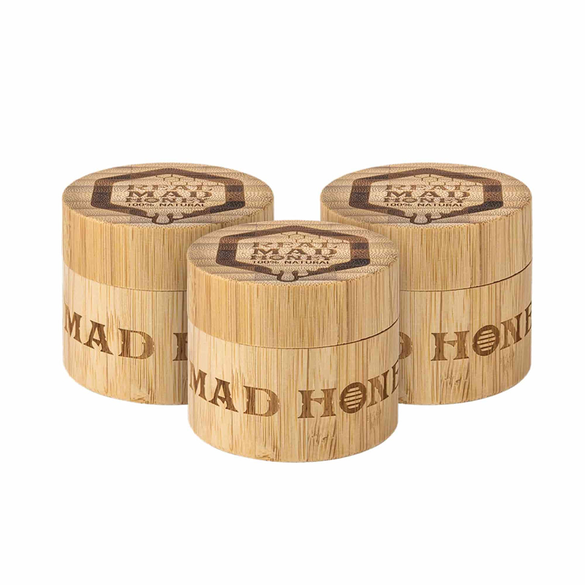 Three Real Mad Honey 150 gram bamboo jars
