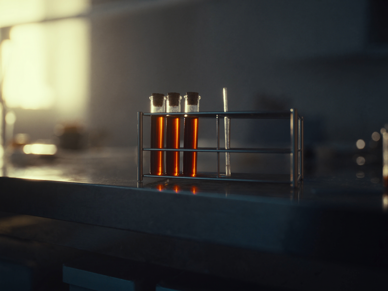 Three small glass vials of dark amber honey in a metal rack on a laboratory bench, a glass pipette beside them